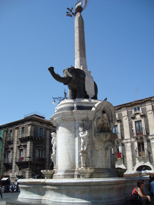 Statue of the granite lavic elephant, located in Piazza Duomo.  The elephant is also a symbol of Saracen dominance when the Arabs held Sicily around 900 AD.
